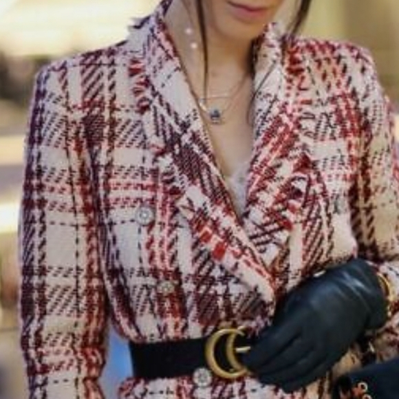 ZARA NEW WOMAN TWEED JACKET WITH GEM BUTTON BLAZER ECRU/RED TARTAN Size us.small - Picture 2 of 15